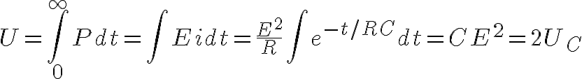 $U=\int_0^{\infty}Pdt=\int Eidt=\frac{E^2}{R}\int e^{-t/RC}dt=CE^2=2U_C$
